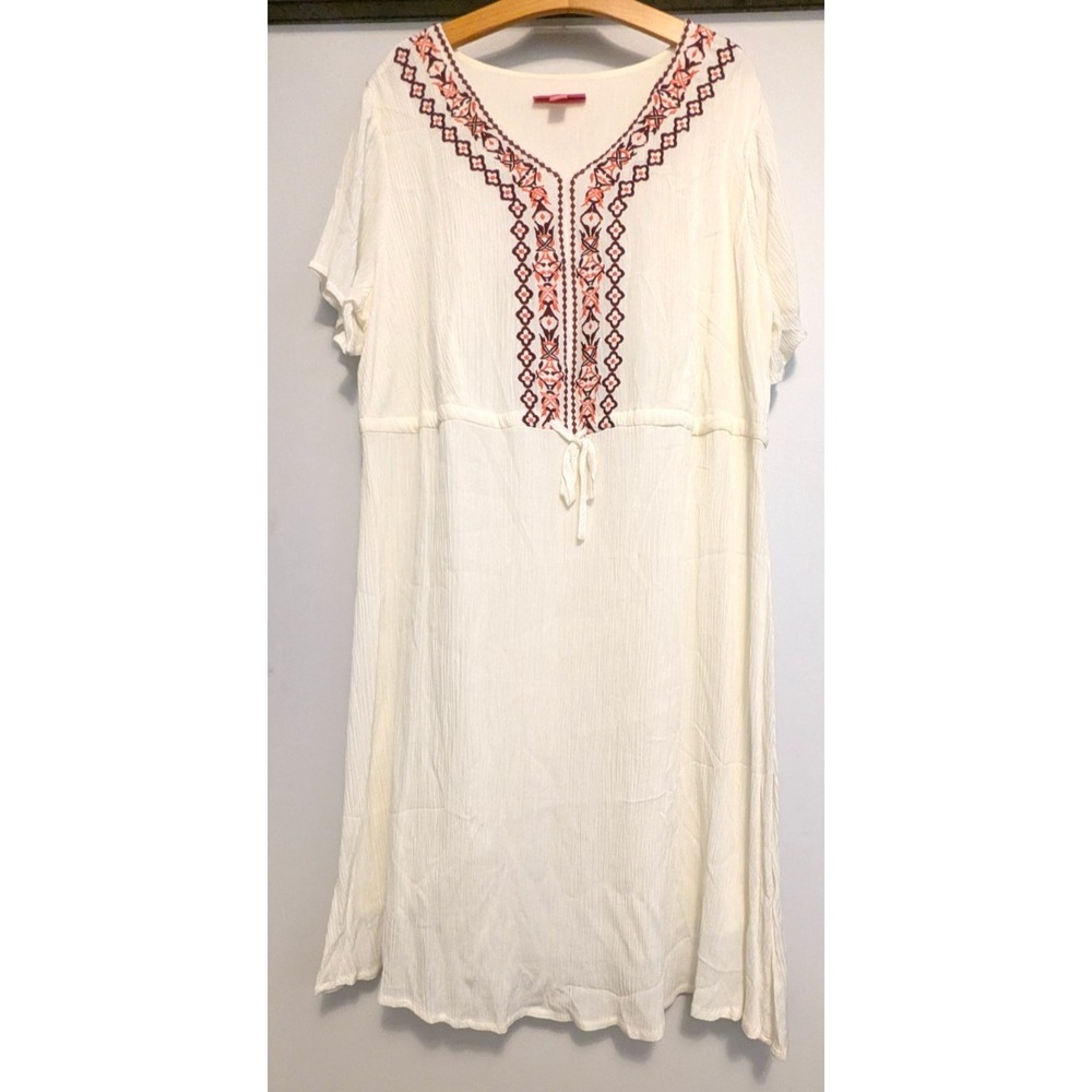 Women Within Womens 20W Boho Peasant Dress Ivory Embroidered Short Sleeve Lined